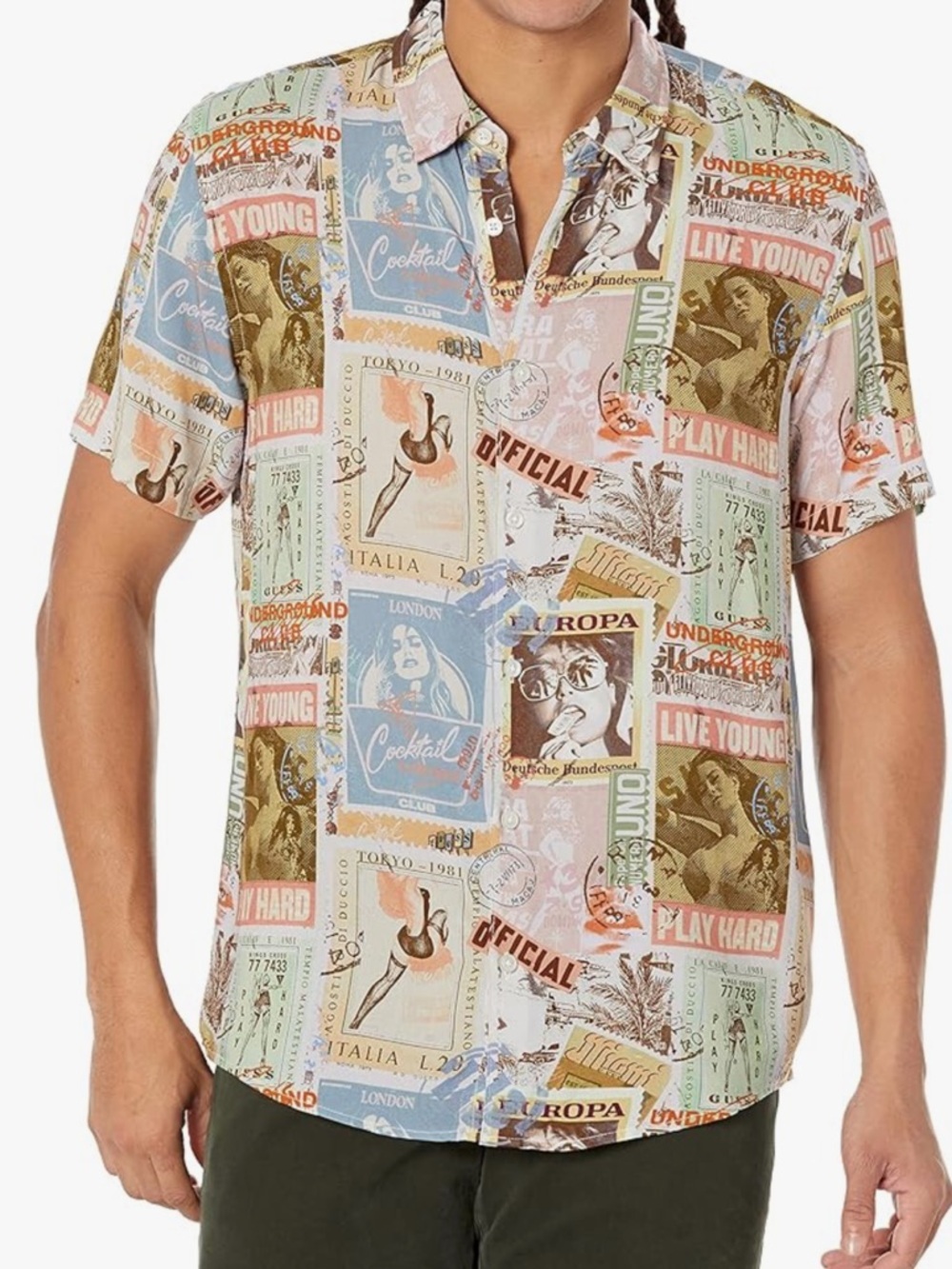 Guess Mens Eco Global Postcard Lightweight Silk-like Shirt